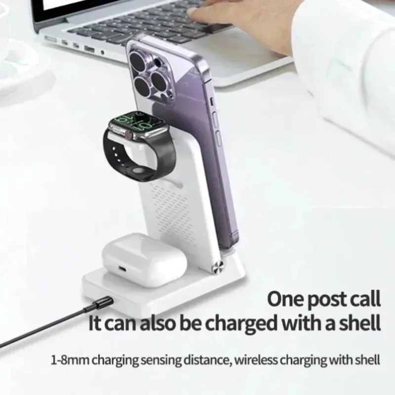 Multifunctional 4 in 1 Wireless Charging Station with Digital Alarm Clock Fast Charger Dock for iPhone Watch Earbuds Bedside Use