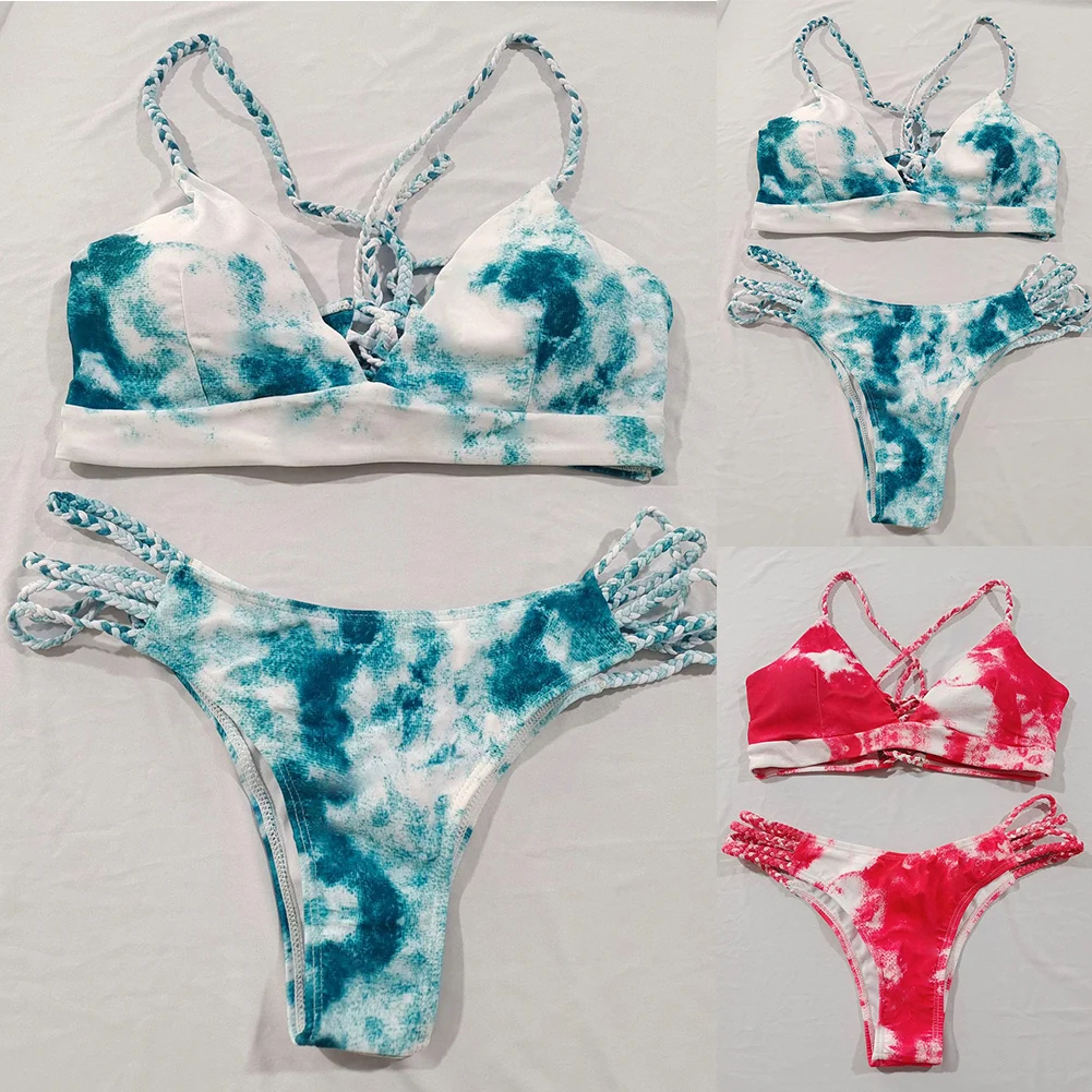 Women  Bikinis Set Beachwear Swimsuit Tie-dye Cross Straps Bikini Set High Waist Swimwear Two Piece Bathing Suit