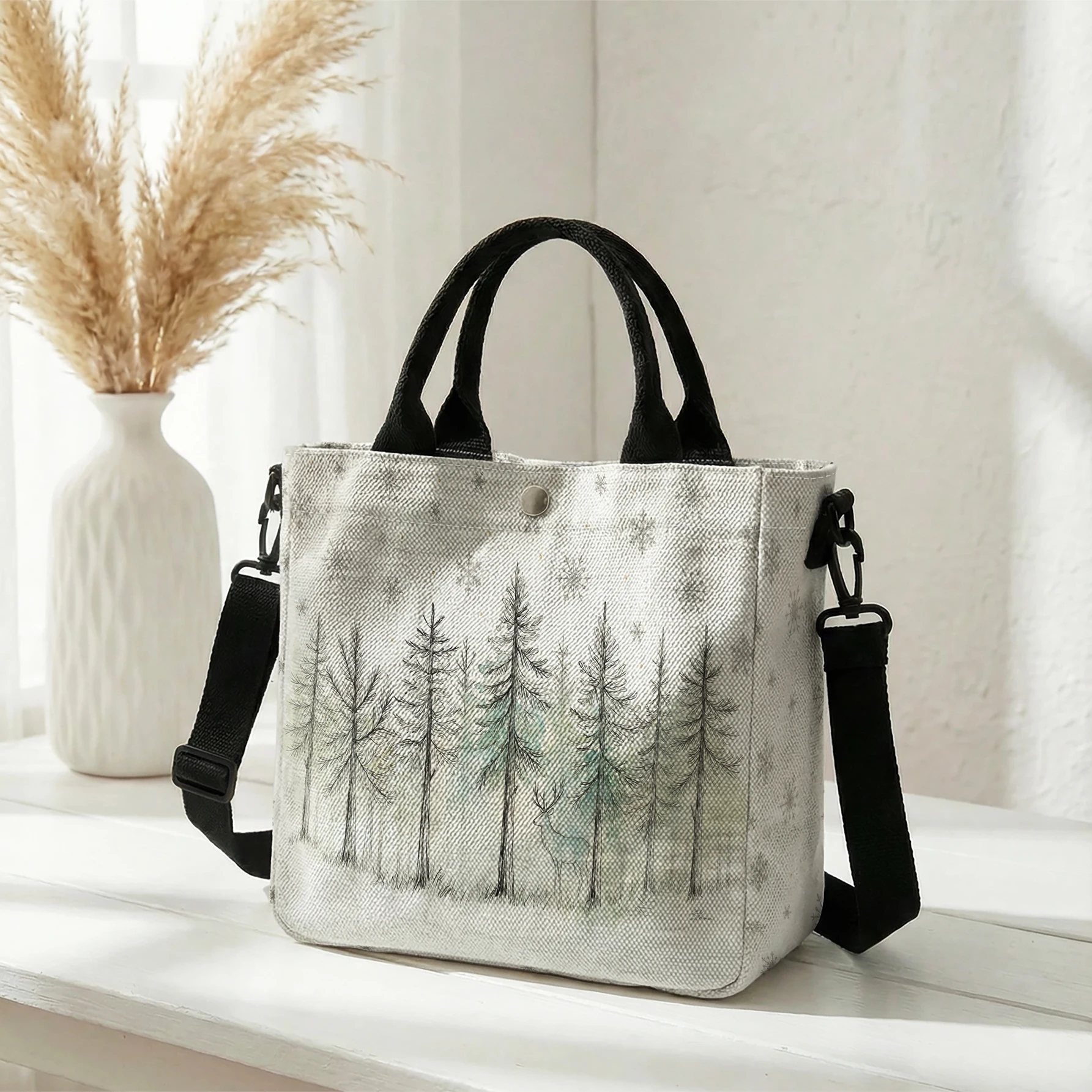 Winter Forest Deer Snowflake Print Tote Bag, Detachable Strap Crossbody Handbag For Daily Work Shopping