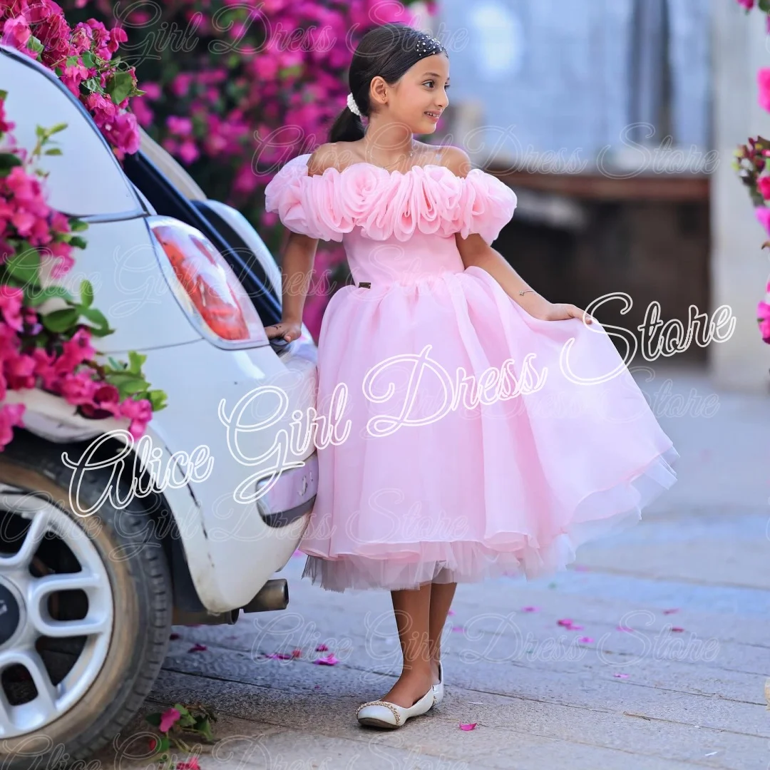 Customized Pink Off The Shoulders Flower Girl Dress for Wedding Ruffles Tea Length Girl Birthday Gowns First Communion Gown
