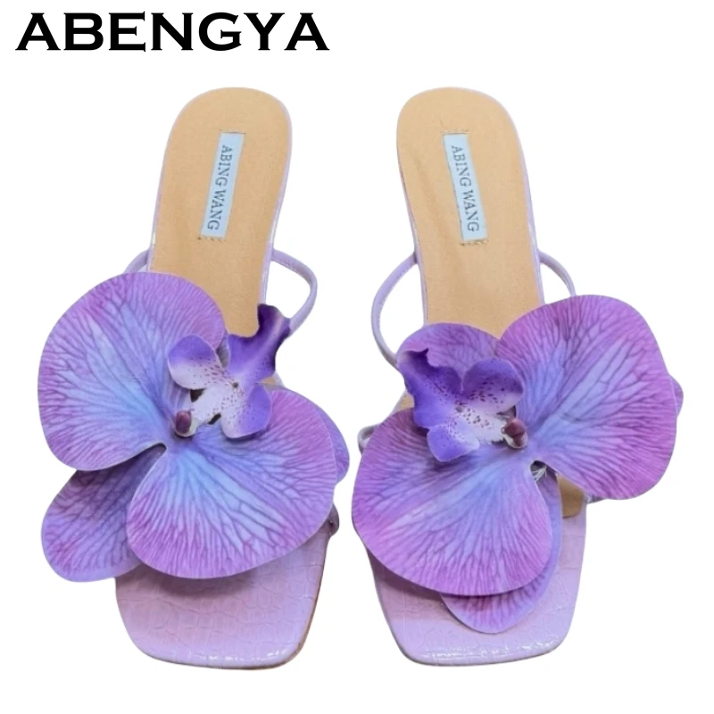 2025 Summer New Fairy Flower Thin High Heels Slippers For Women Square Open Toe Pumps Mules Sexy Runway Party Slides Shoes Femme