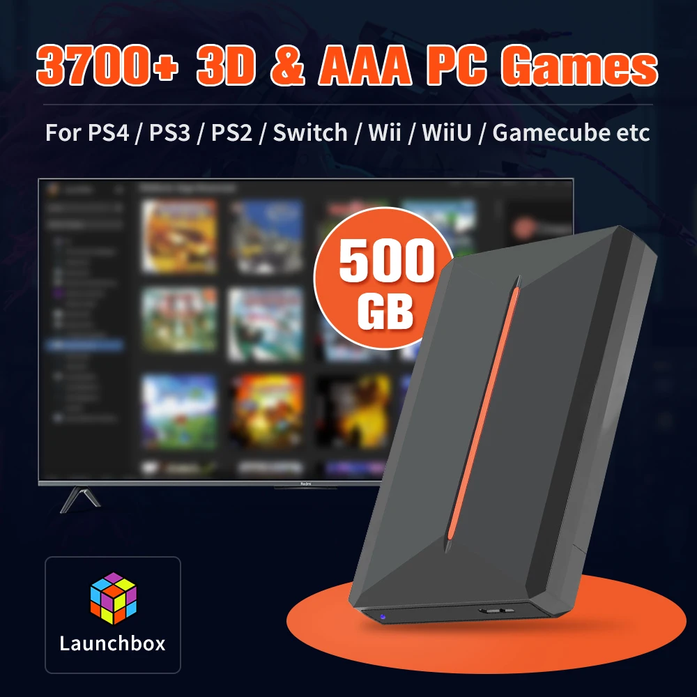 500GB Portable Gaming HDD Launchbox System Hard Drive with 3700+ 3D/PC Games for PS4/PS3/Switch/WiiU/Gamecube Hyper Base Lbox