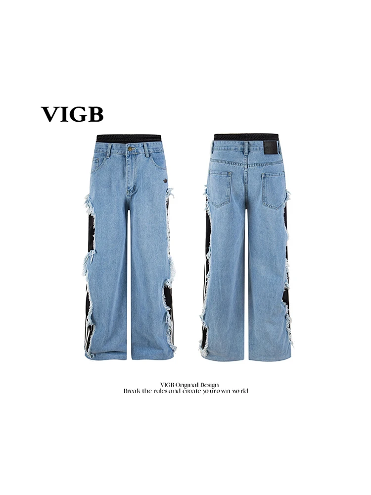 VIGB Original American Retro Patchwork Color Block Jeans Loose Straight Leg Wide Leg Pants Casual Cotton Trousers for Men