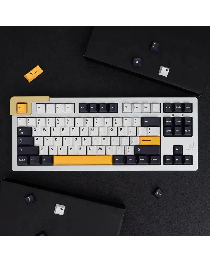 dark black with white and yellow accents pbt keycaps set durable high quality for gaming mechanical keyboards