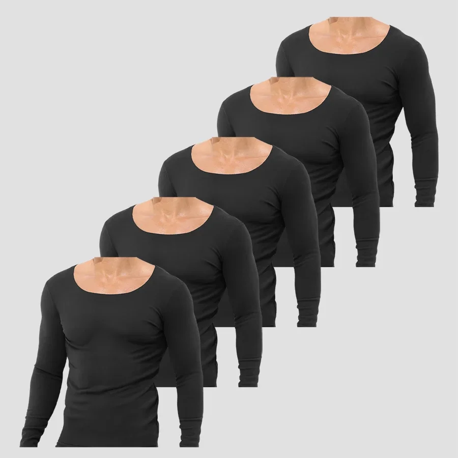 5PCS Men's fleece-lined and thickened long-sleeved thermal undershirt for autumn and winter. A single-piece warm top, slim-fitti