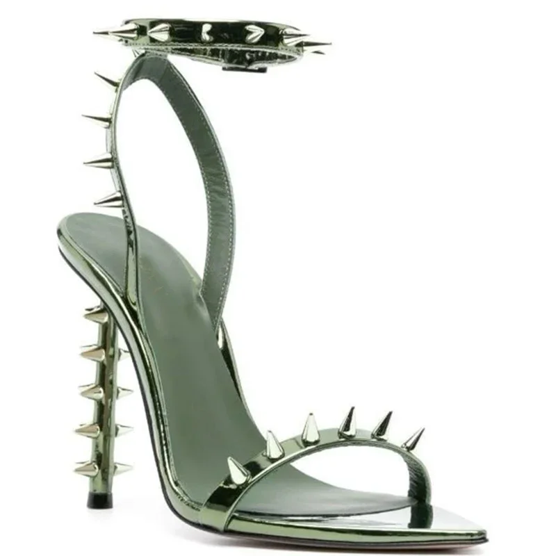 Pointed Rivet Ankle Strap Stiletto Sandals Large Size Punk Solid Color High Heels Women's Shoes