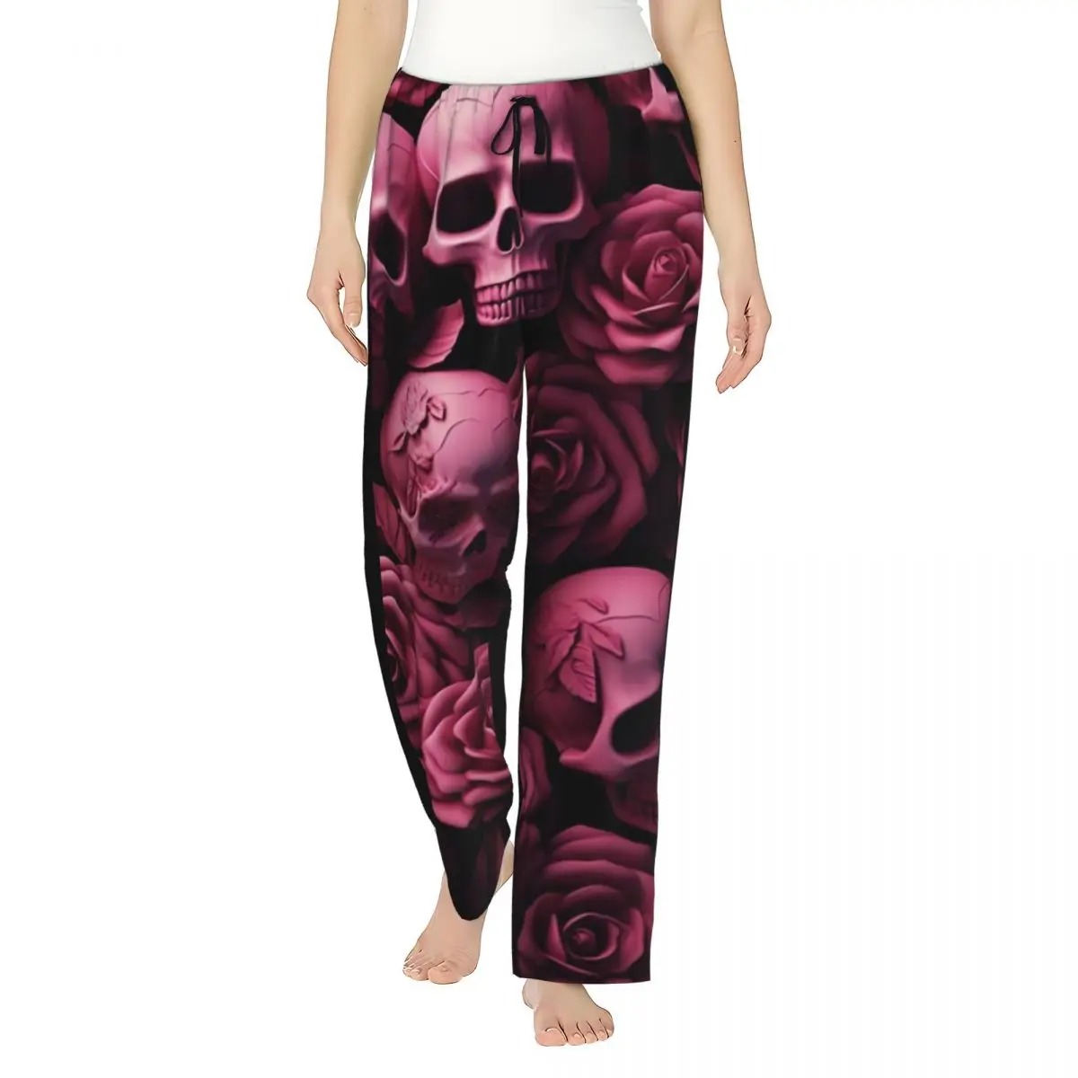 Halloween Gothic Ladies Loungewear pants Loose Fit Skulls Roses Pink Pajama Pants Home Pajama Bottoms
