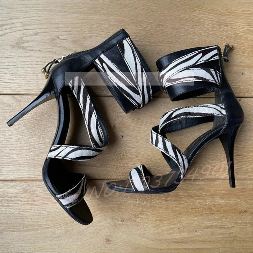 Pony Fur Black And White Zebra Print Sandals Women Strappy Round Toe High Heels Shoes Fashion Back Zips Ankle Strap Sandals
