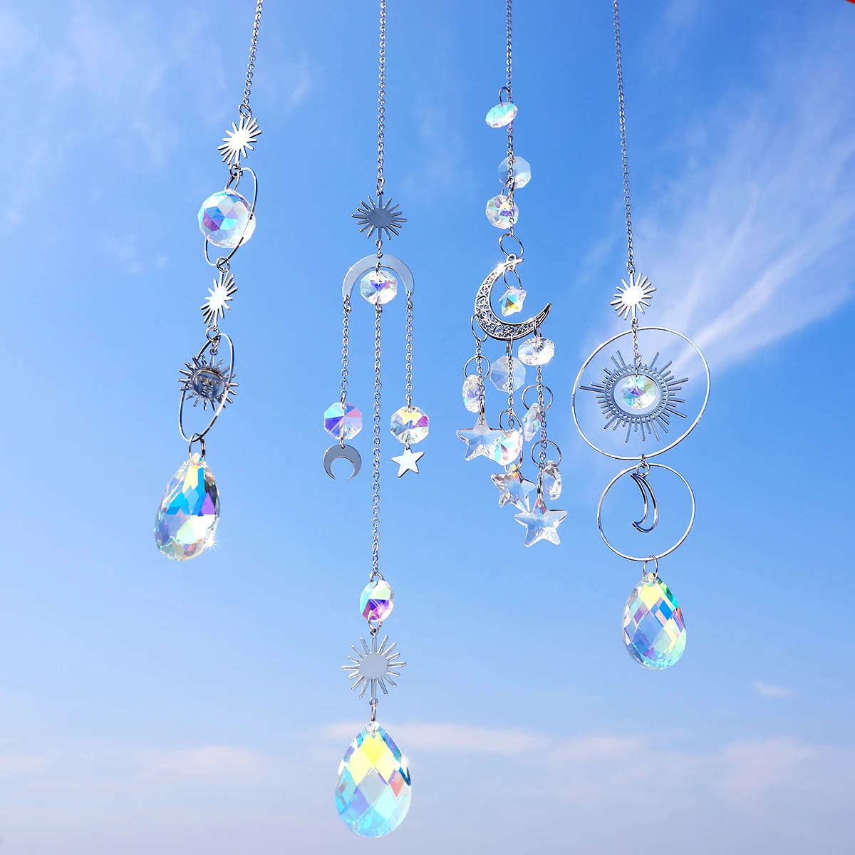 4PCS Silver Hanging Sun Catcher Moon Sun Crystal Suncatchers Prism Glass Rainbow Maker Window Ornament Garden Decoration Gift