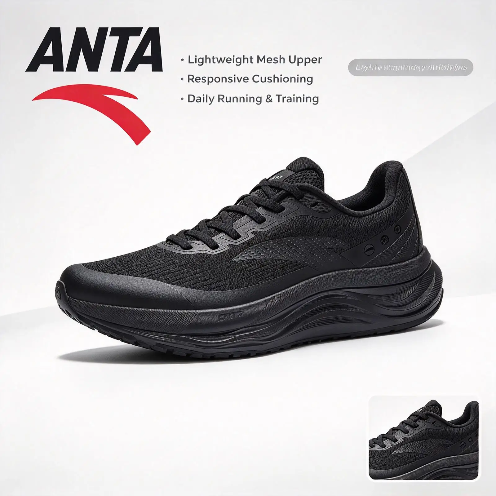 Anta Travel Step 2 112615545-3 Men's Running Shoes  Thick Sole, High Rebound, Durable, Comfortable & Slip-Resistant, Black