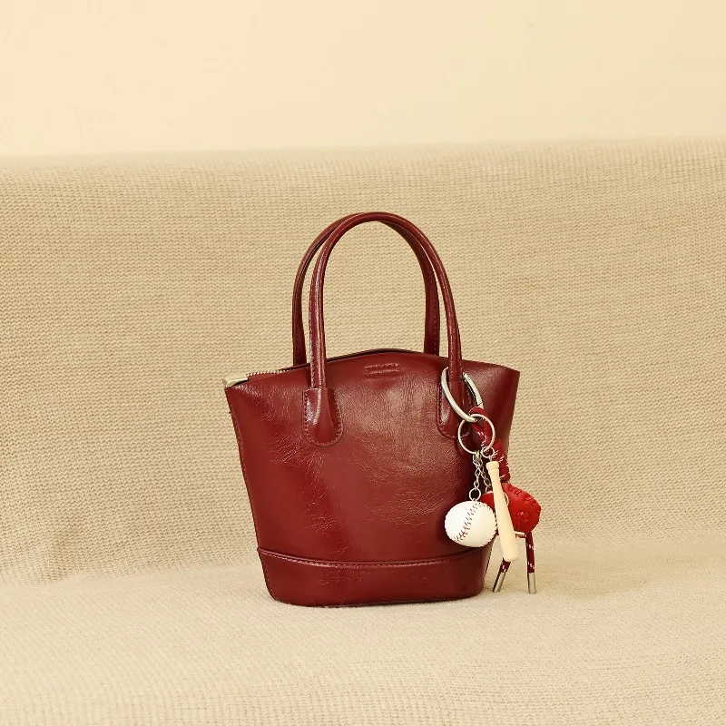 New Women Oil Wax Leather Mini Tote Bag Top Handle Baseball Pendant Charm Zipper Closure Casual Daily Handbag