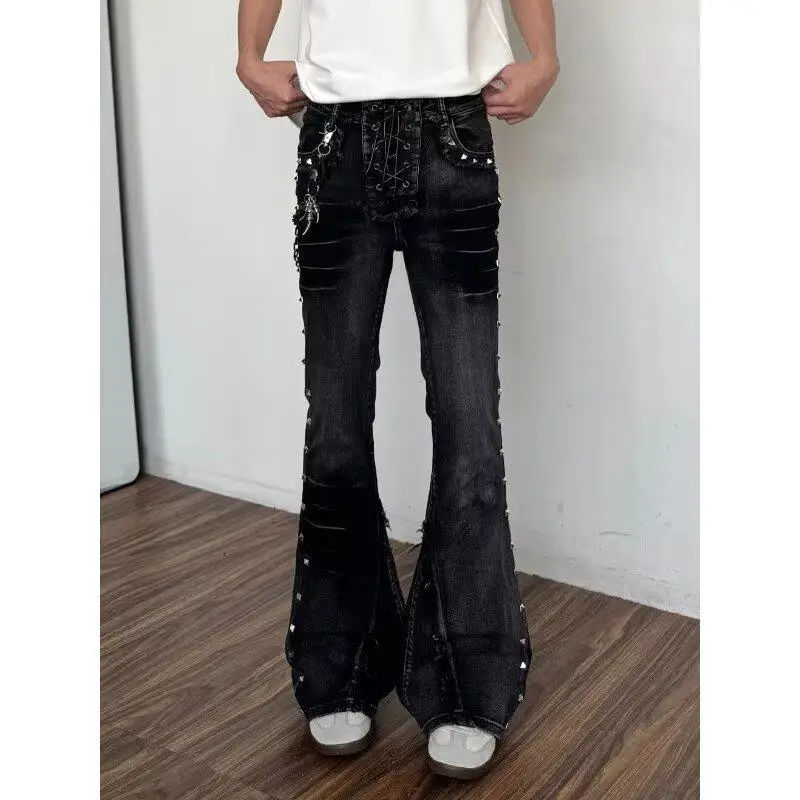 Men's Rivet Tie Straps Vintage Slim Flared Jeans Street Sweatpants Unisex Retro Trousers Boys Bottom Male High Waist Denim Pants