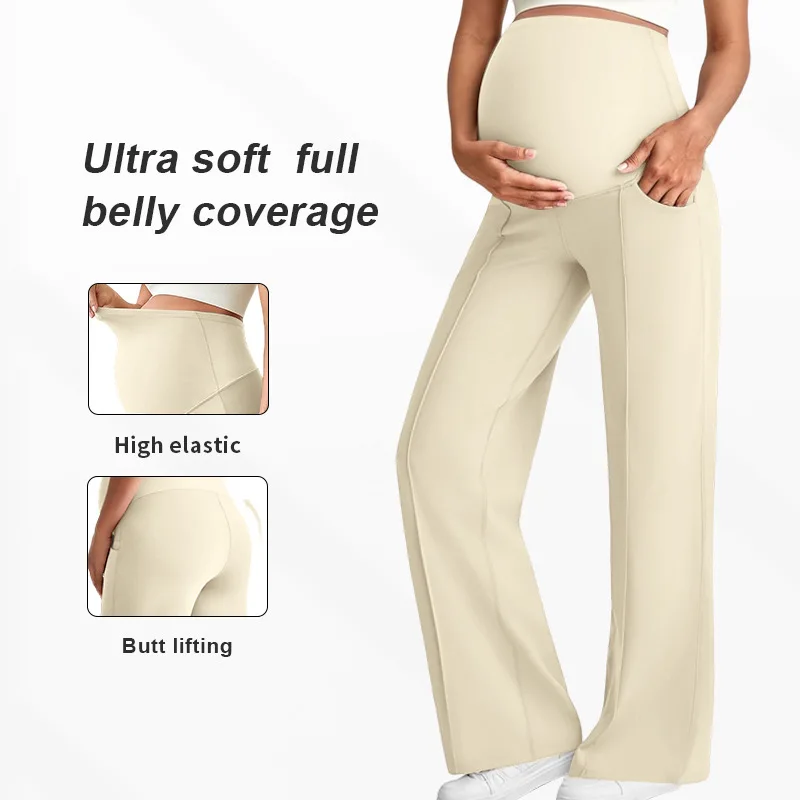 Maternity Straight Leg Pants High Waist Stretchy Breathable Wide Leg Trousers for Autumn Winter