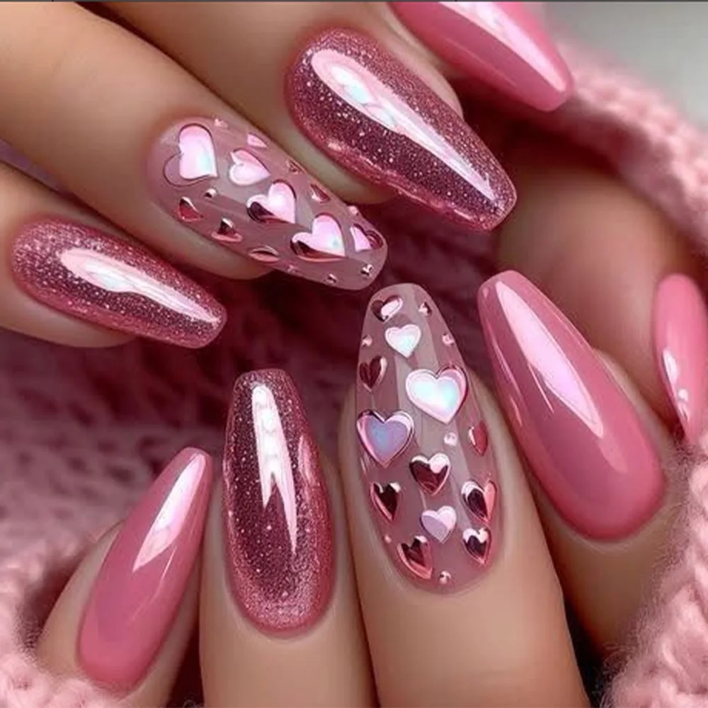 24PcsMedium Fake Nails Pink Heart False Nails with Shimmery Powder Ballet Nail Art Full Cover French Wearable Nail Manicure Tips