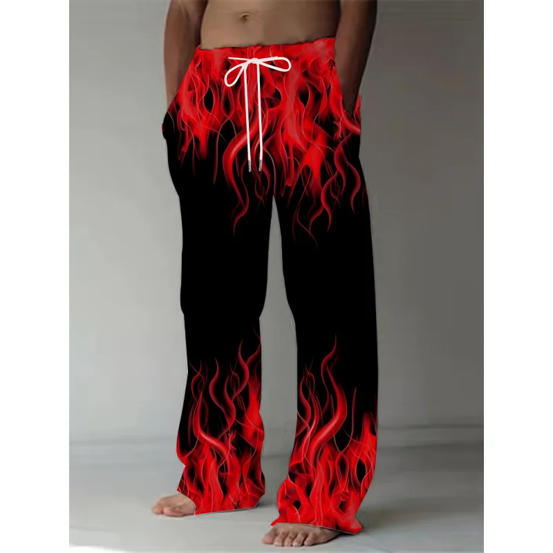 Men'S Summer Fashion Pants Casual Retro Flame Print Straight Leg Pants Men'S Loose Fit Trousers With Drawstring As Gift