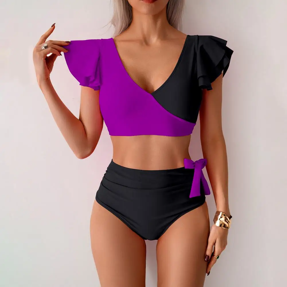 Curvy Cutout Bathing Suit Swimsuit 2Pcs/Set Women Bikini Set V-neck Ruffle Sleeve Bra High Waist Swimming Briefs Set