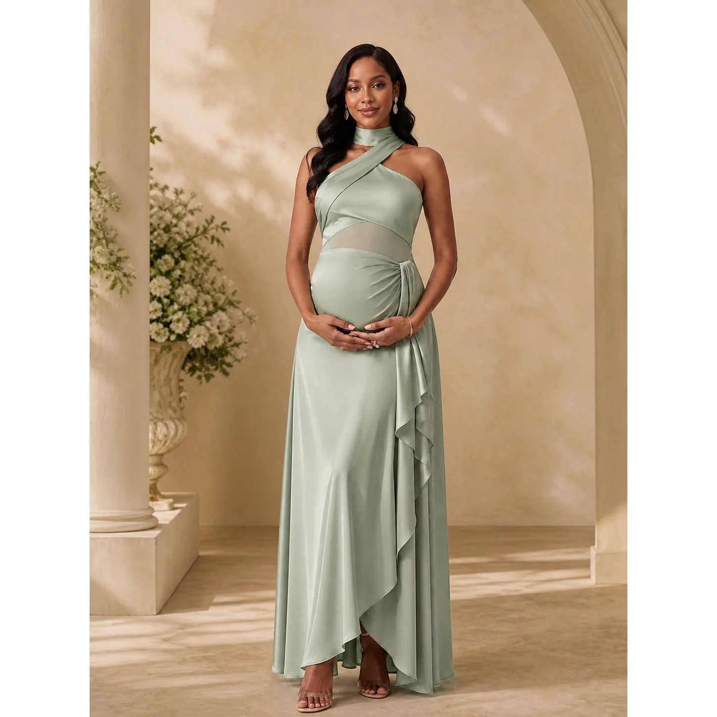 Sage Green Satin Maternity Baby Shower Dress Criss Cross Halter Neck ZX005