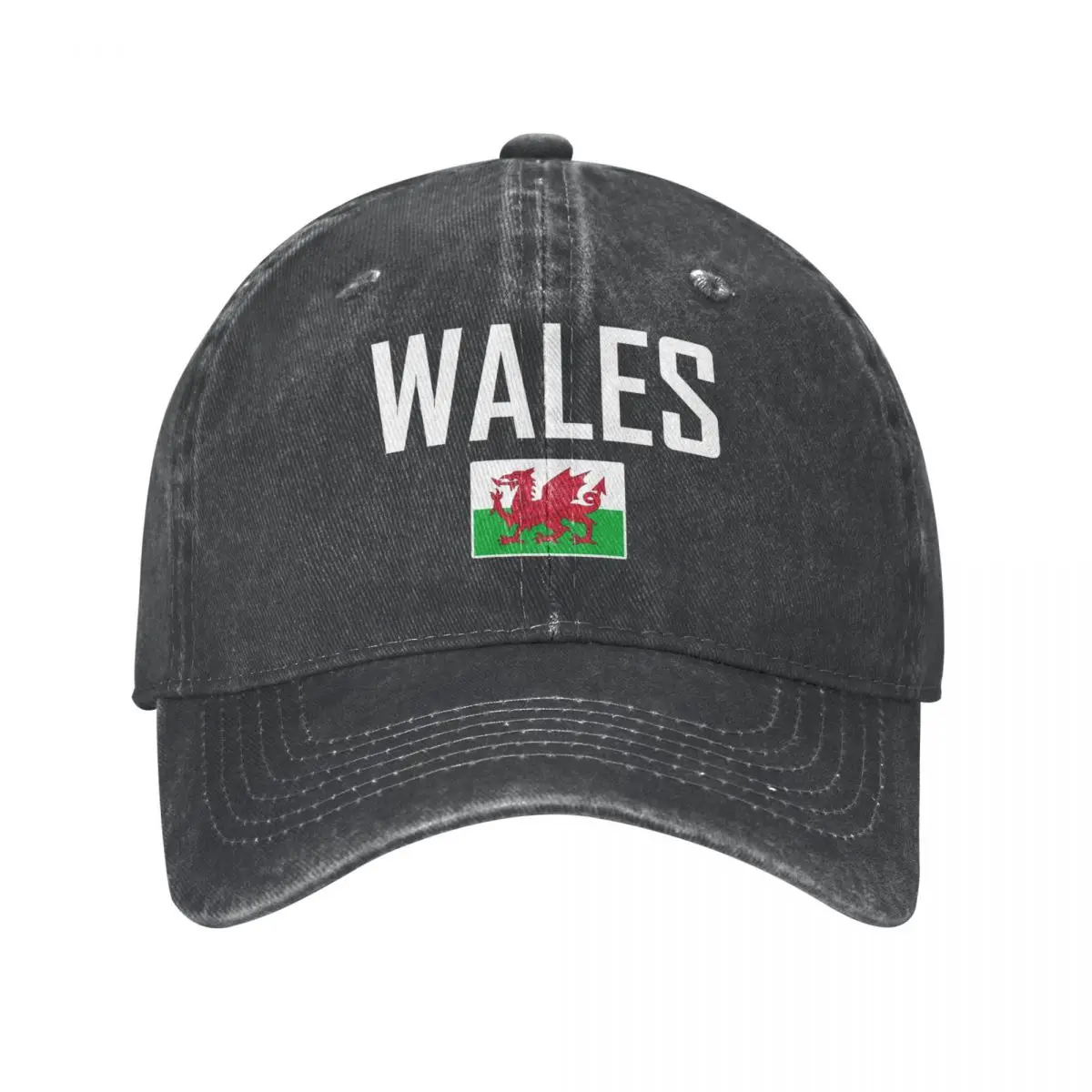 Men Baseball Cap WALES Flag And Font Charcoal Washed Denim Classic Vintage Cotton Dad Trucker Hat Unisex Adult