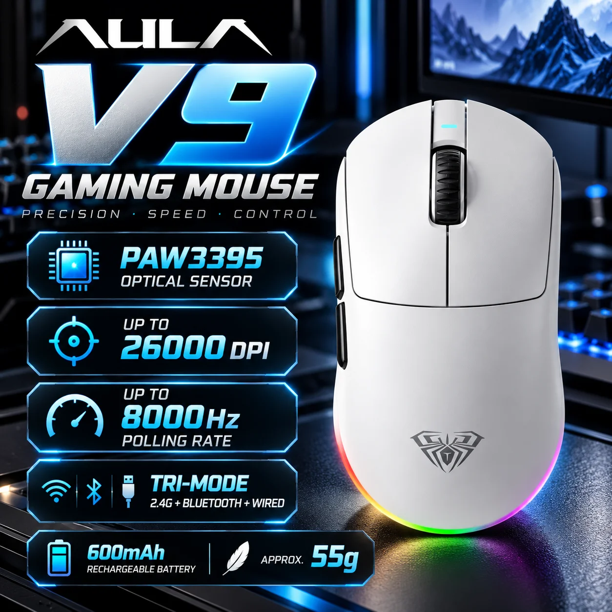 AULA V9 Tri-Mode Wireless Gaming Mouse PAW3395 26000 DPI 8000Hz 55g Lightweight 600mAh Type-C