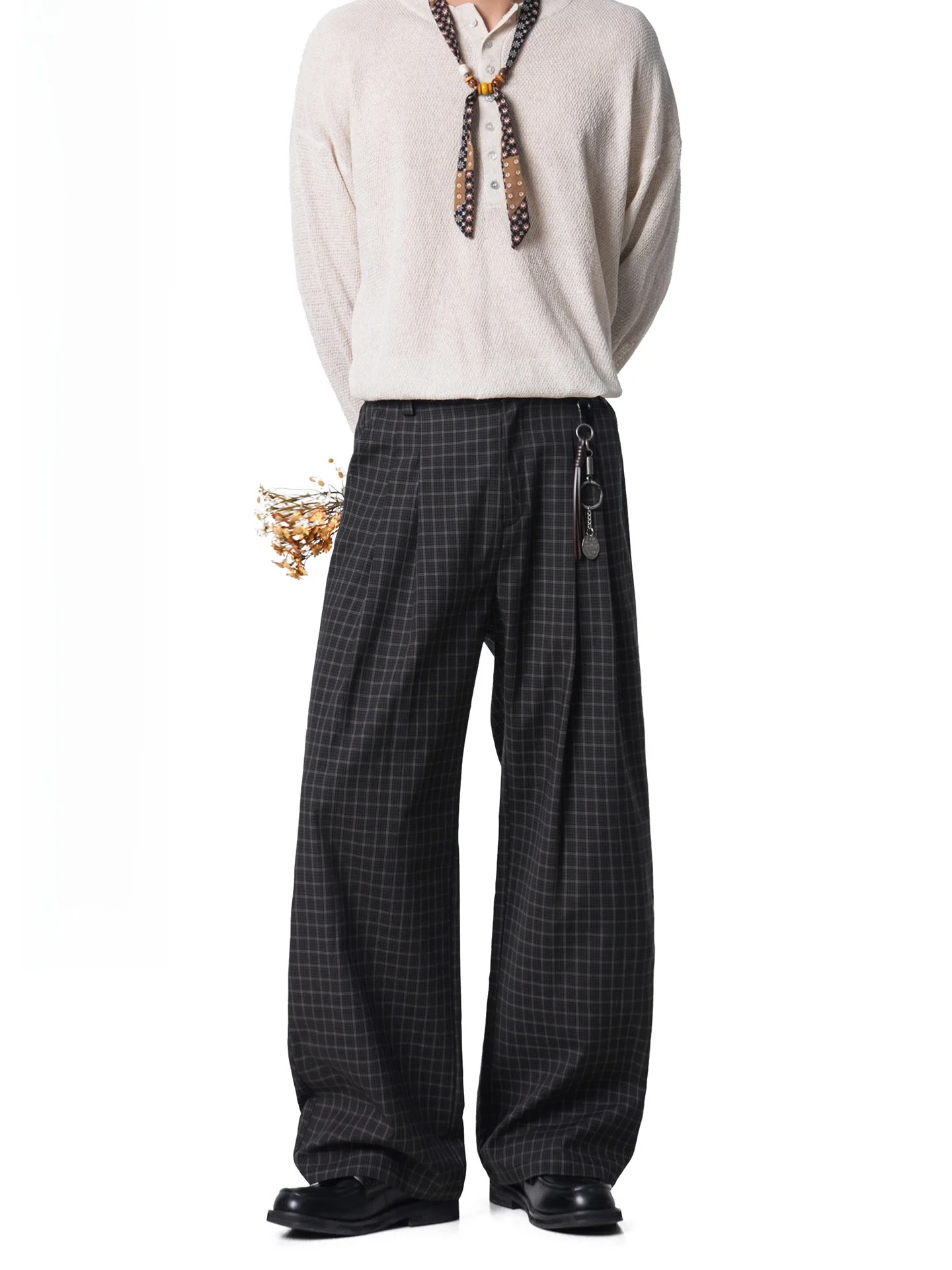 Retro Style Men's Casual Pants Green Plaid Pleated Loose Straight Leg Trousers for Commuting Autumn Season Drapey Fit