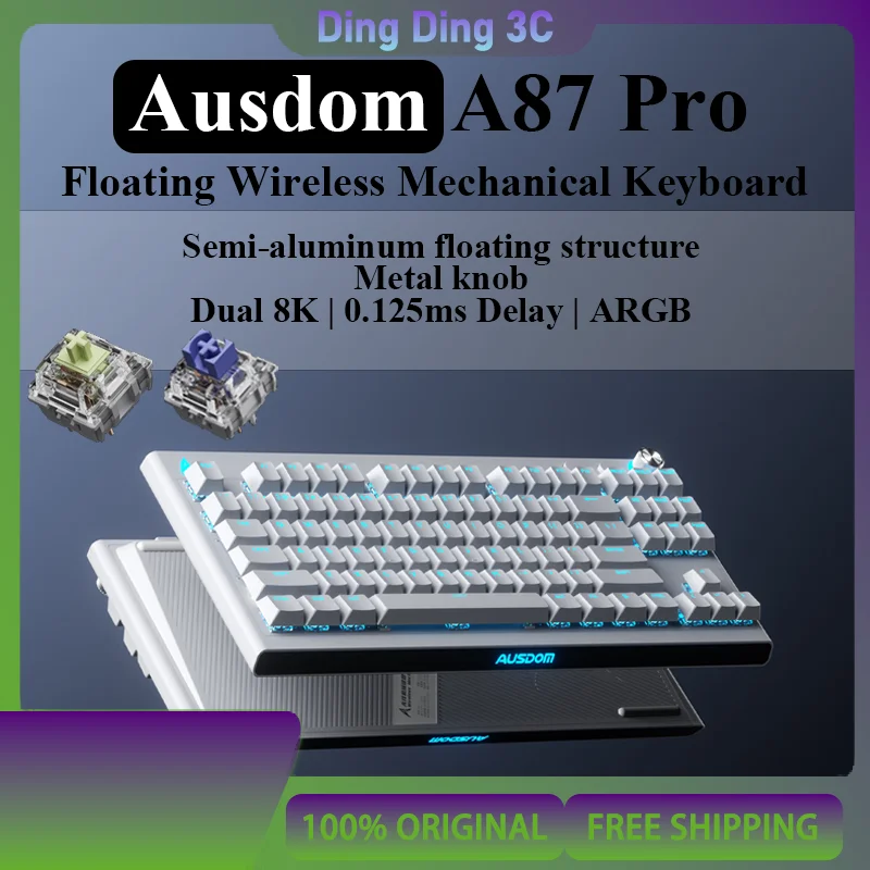 Ausdom A87pro Mechanical Keyboard 2.4g Dual 8k With Metal Knob Floating Structure ARGB 0.125ms Delay TTC