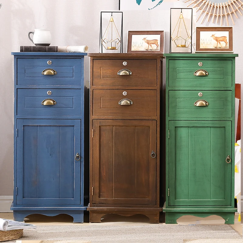Solid Wood Nightstand with Lock - Mediterranean Storage Cabinet Vintage Bedside Organizer for Bedroom Minimalist Small Furniture