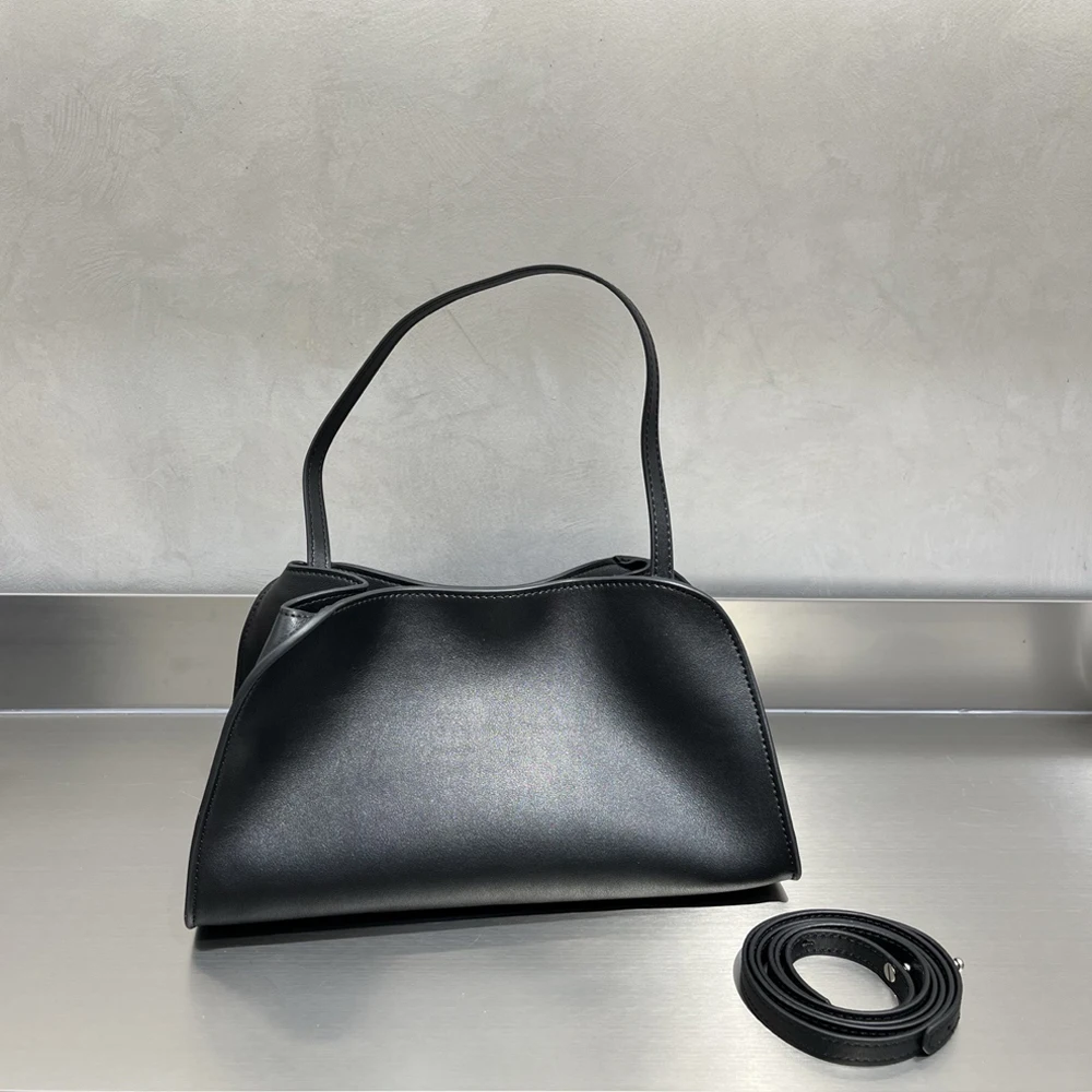 SHELKSBAG Women Genuine Leather Shoulder Bag Minimalist Ruched Tophandle Handbag Daily Commute Detachable Strap Crossbody Bag