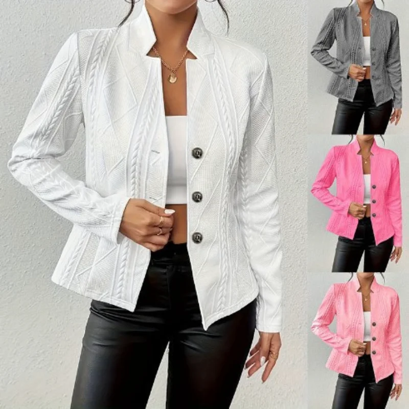 Women's Autumn New Cable Knit Blazer Button Stand Collar Long Sleeve Slim Fit Casual Top Multi-color Daily Wear
