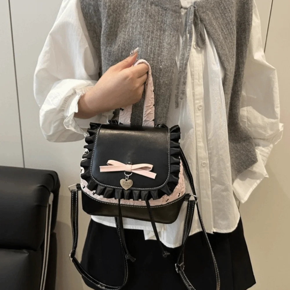 Trendy Exquisite Lace Trim Backpack Fashionable Bow Vintage Bucket Bag Compact Ruffled Ballet Style Rucksack Daily