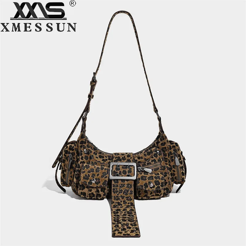 New Trendy Rivet Leopard Print Women's Shoulder Bag,Fashion Satchel Soft PU Material Multi-pocket Large-capacity Underarm Bag