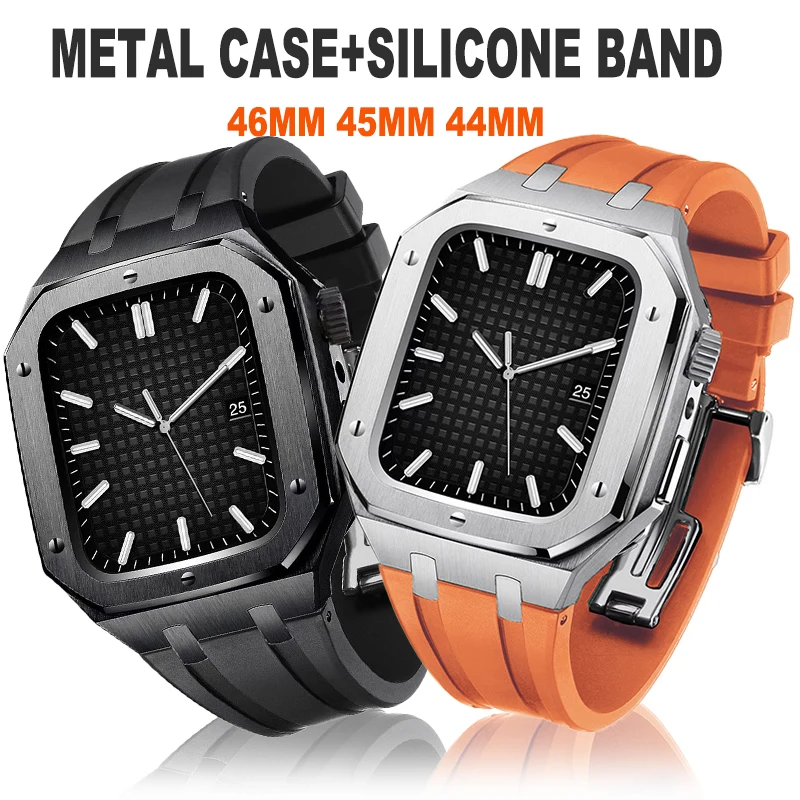 Metal Case+Silicone Band For Apple Watch Series 11 10 9 87SE/6/5/4 46mm 45mm 44mm Rubber Bracelet Luxury Stainless Steel Mod Kit