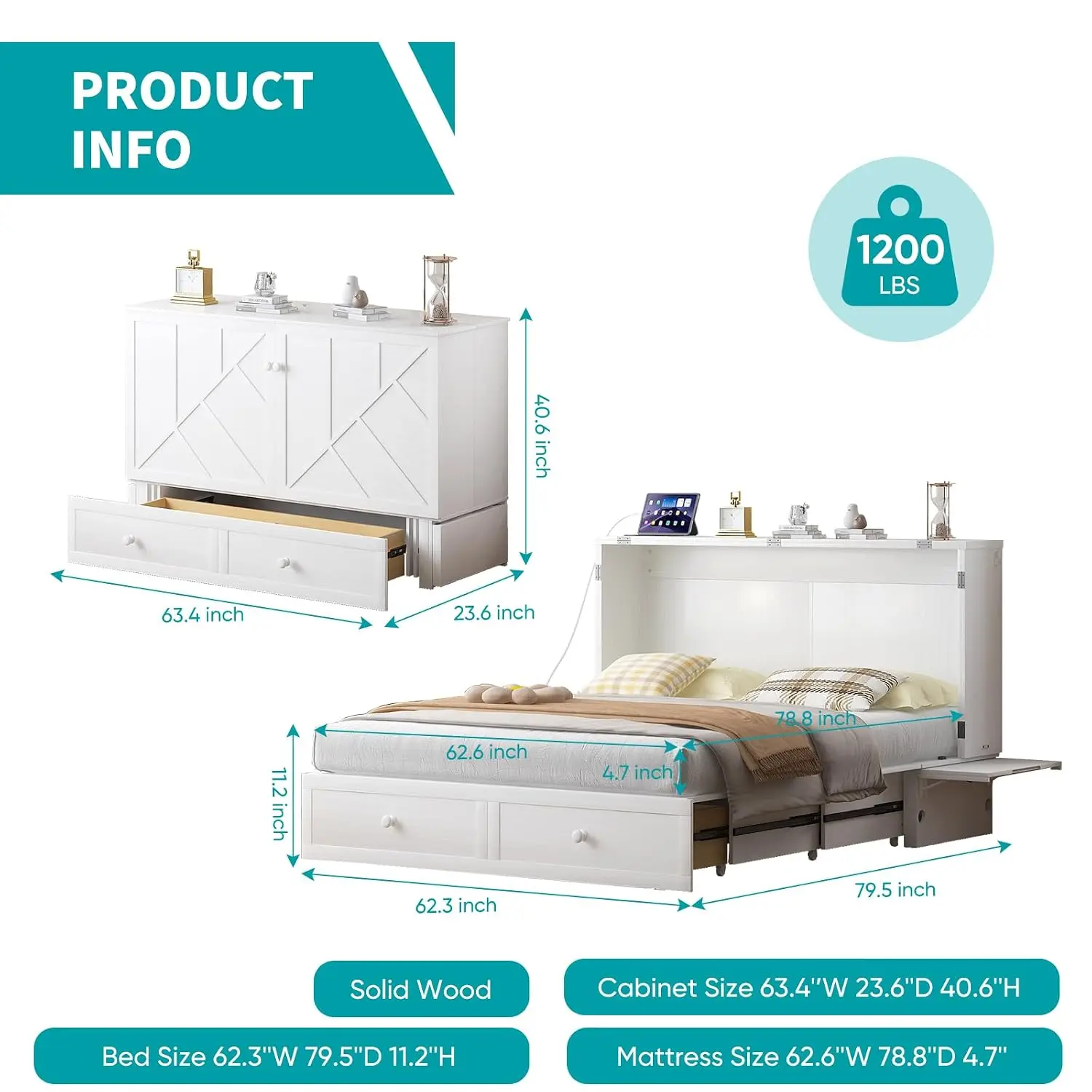 Queen Bed With Mattress, White Cabinet Wall Bed For Bedroom & Guest Room, Customized