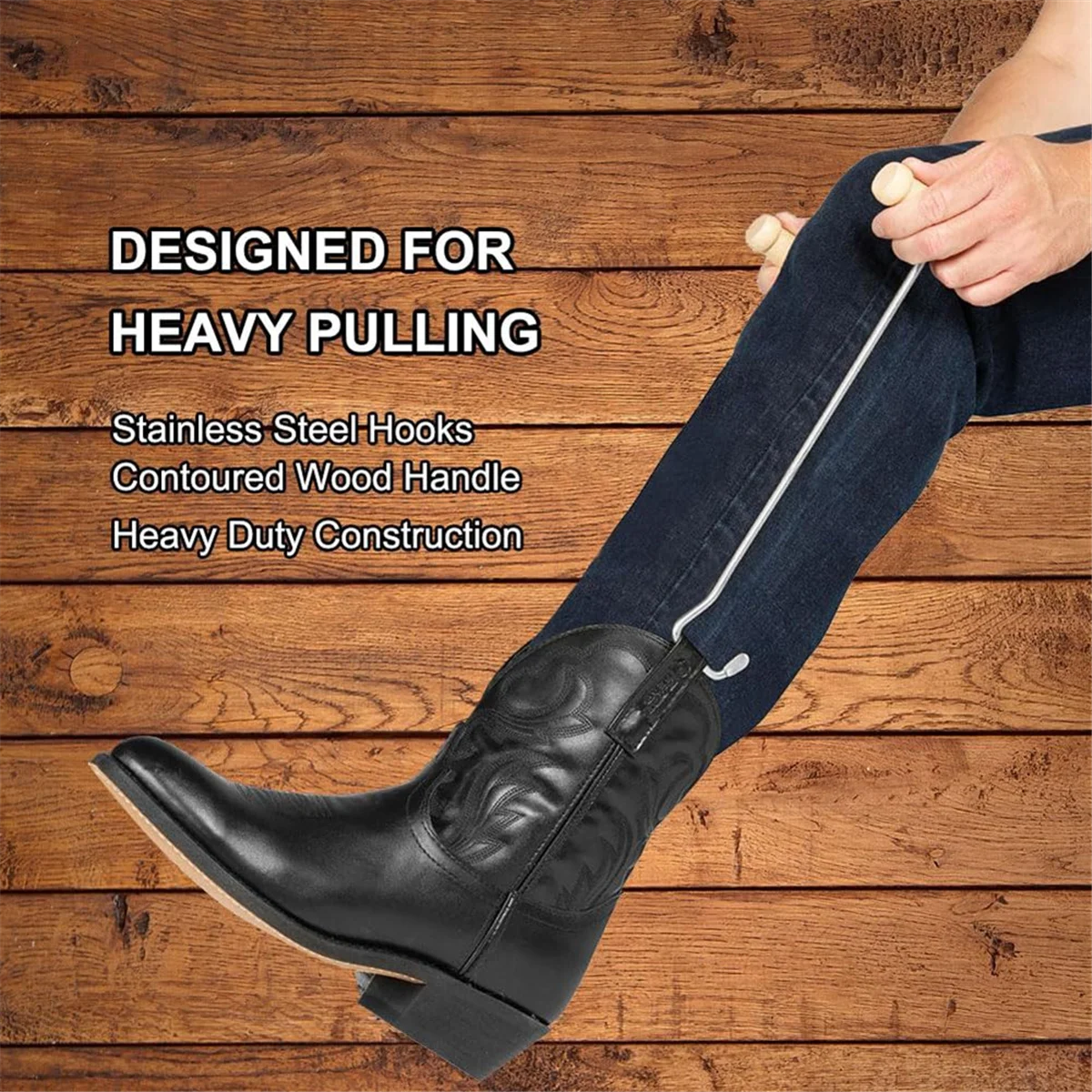 Popular_2pack Boot Hooks and Puller for Cowboy Boots, Wood Handles