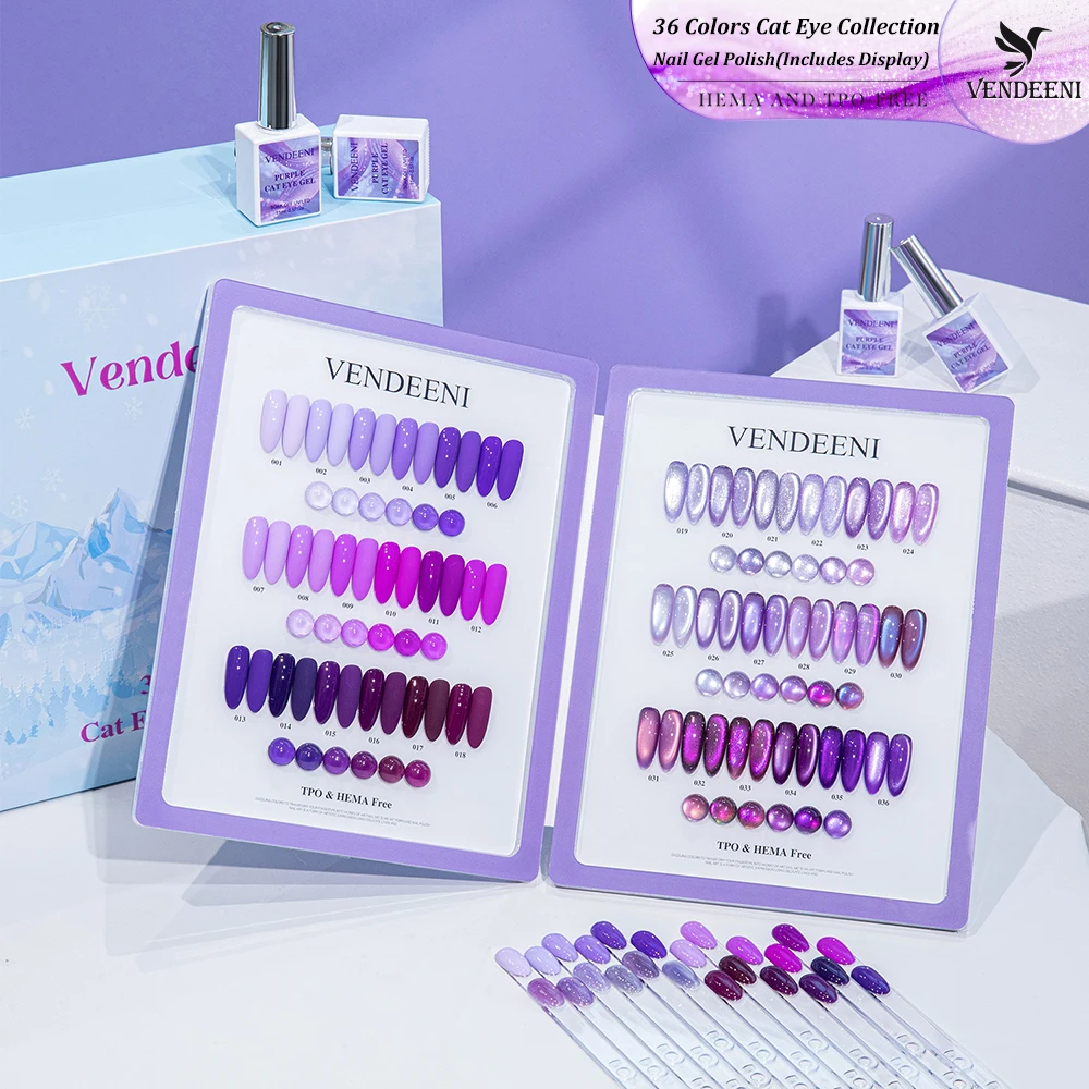 Vendeeni 36 Colors Dreamy Purple Cat Eye Gel Nail Polish Set Magnetic UV Soak Off Gel Varnish Gemstone Cat Eye Gel With Display
