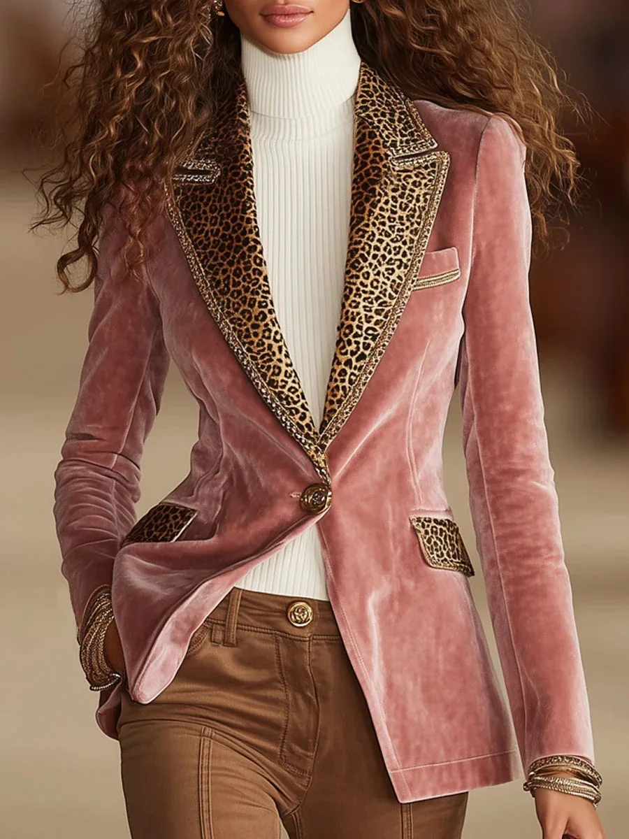 Patchwork Leopard Printing Blazers Velvet Slim Women's Jacket Single Button Long Sleeve Cardigans Spring Office Lady Elegant Top