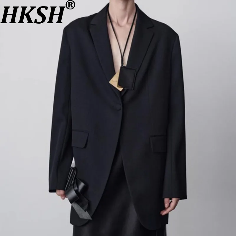 HKSH Women Wool Blazer Dark Style Single Button Design Elegant Fashion Simple Loose Casual Office Lady Stylish Suit-Coat HK27733