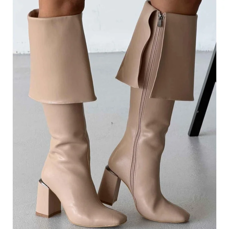 Tumed Over Edge Knee High Boots Sexy Pointed Toe Matte Leather Square Toe Leather Customized New Arrivlas Fashion Women Boots
