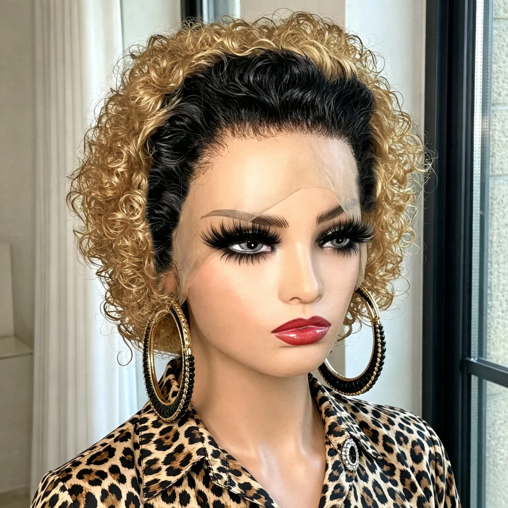 Natural Black Short Curly Bob Human Hair Wig, 13x1 Lace Front Wig Soft Bouncy Curly Wigs for Women Daily Wear