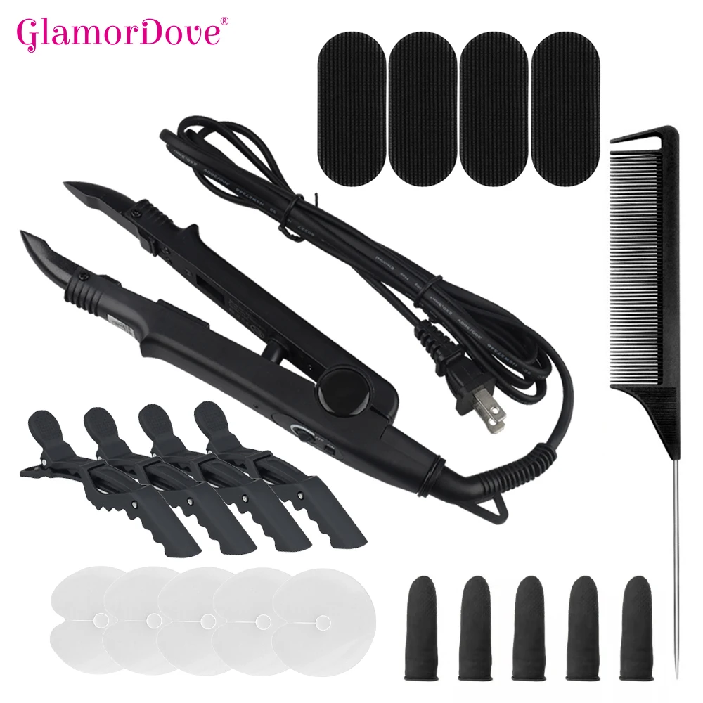 GlamorDove Keratin Hair Extension Tools Kit Hair Extension Iron Heat Shield Guard Hair Sectioning Clip And Comb