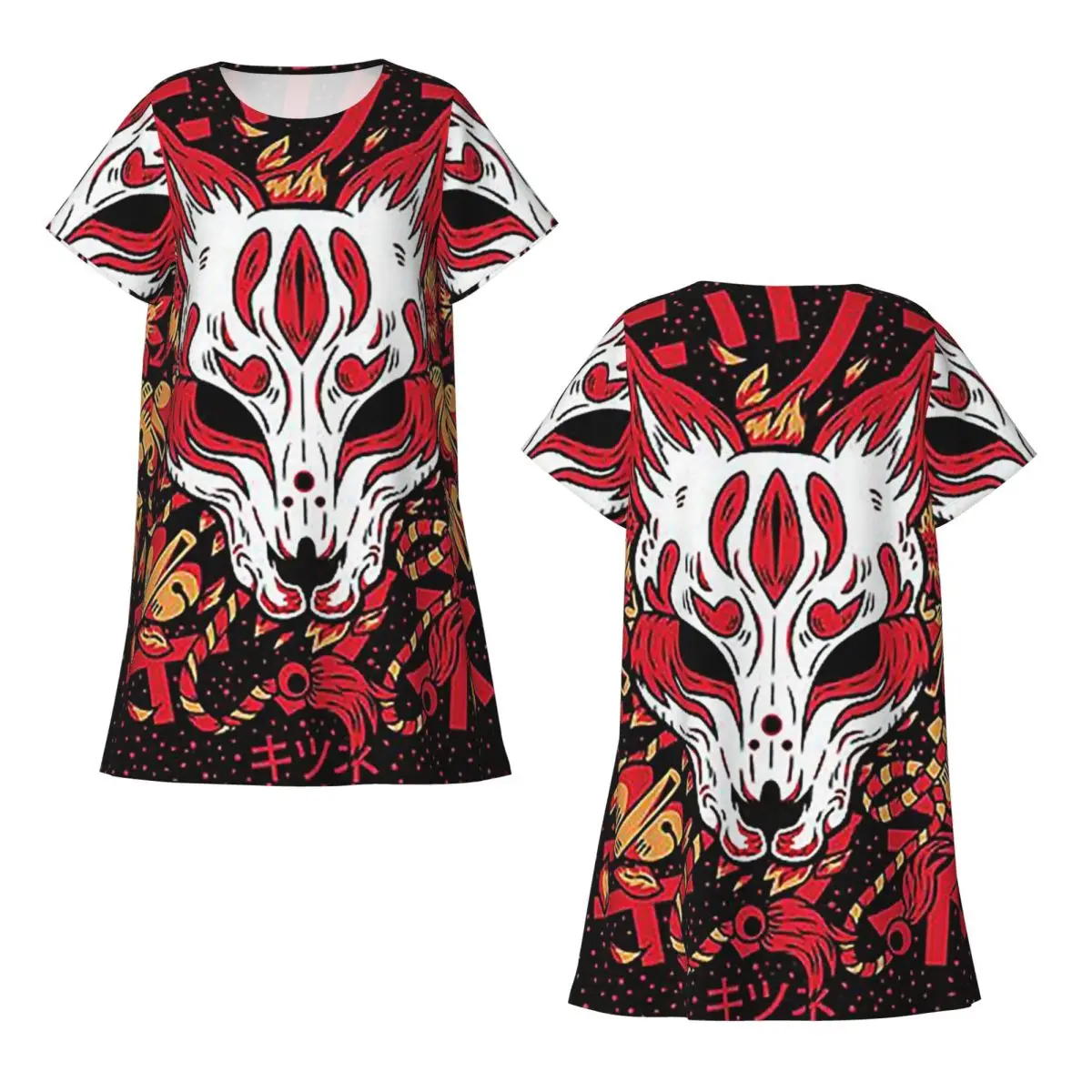 Custom Kitsune Yokai Fox Short Sleeves Nightdress For Sleeping Sleepshirts Women Short Sleeve Nightgowns Loose Pajama Dress