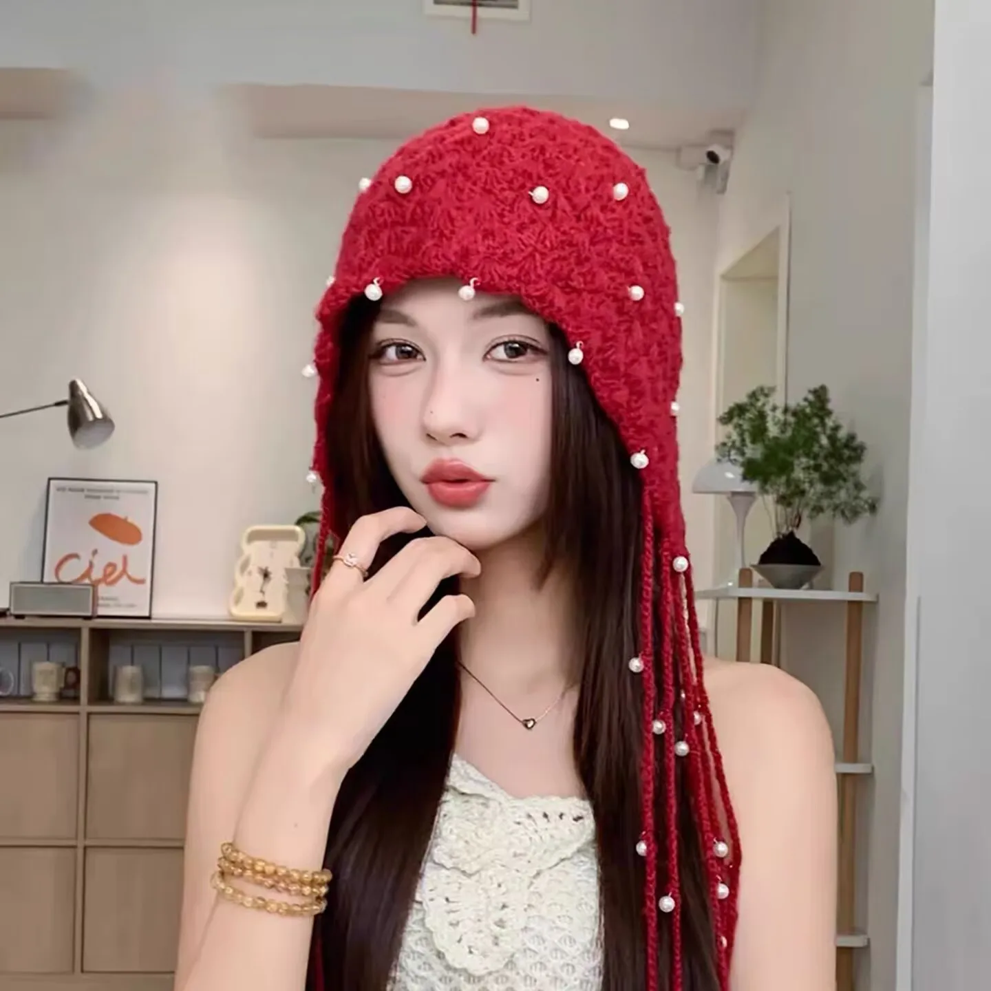 Autumn and Winter Knitted Hat Women's Ethnic Style Hollow Pearl Pendant Beanie Hat Women's Retro Outdoor Casual Hat