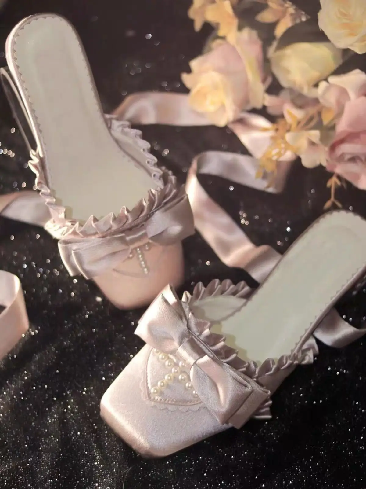 Y2K Ladies Sweet Lolita Flats Elegant Ballet Fashion Satin Bow Cross Strap Half Slippers for Weddings Proms Tea Parties Cosplay