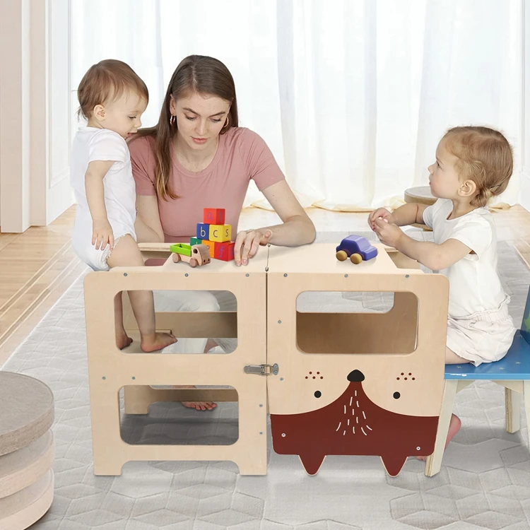Customize 3 in 1 Kids Step Stool Foldable Kitchen Stool Helper Learning Wooden Tower With Chalkboard