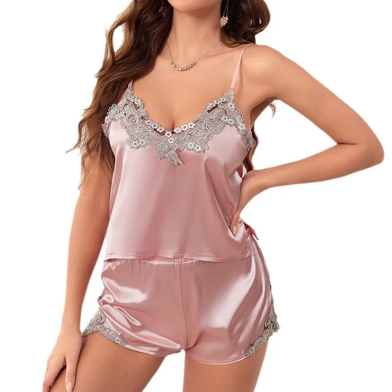Spaghetti Strap Two Piece Sleepwear Set Featuring Delicate Floral Lace Trim On Soft Lounge Top And Shorts Collection