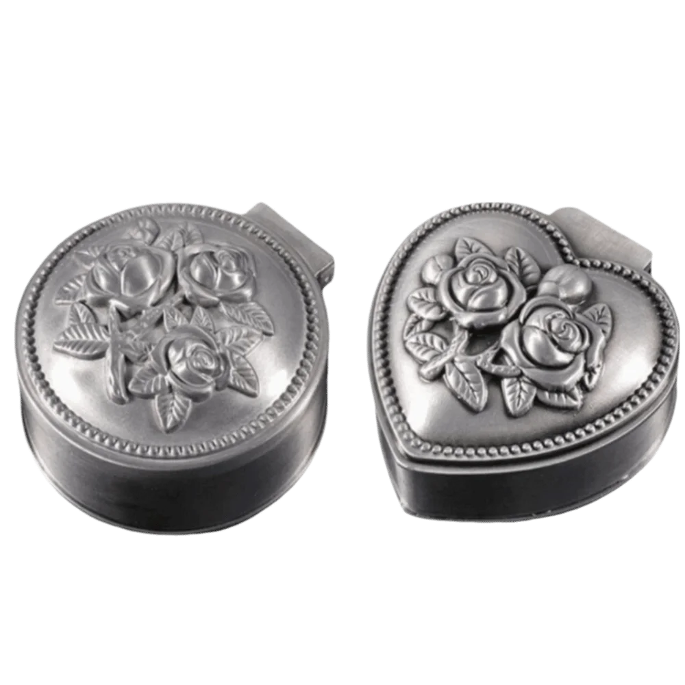 2pcs Metal Construction Metal Jewelry Box European Style Round And Heart Shape Trinket Storage Box Zinc Alloy Antique Tin Tone