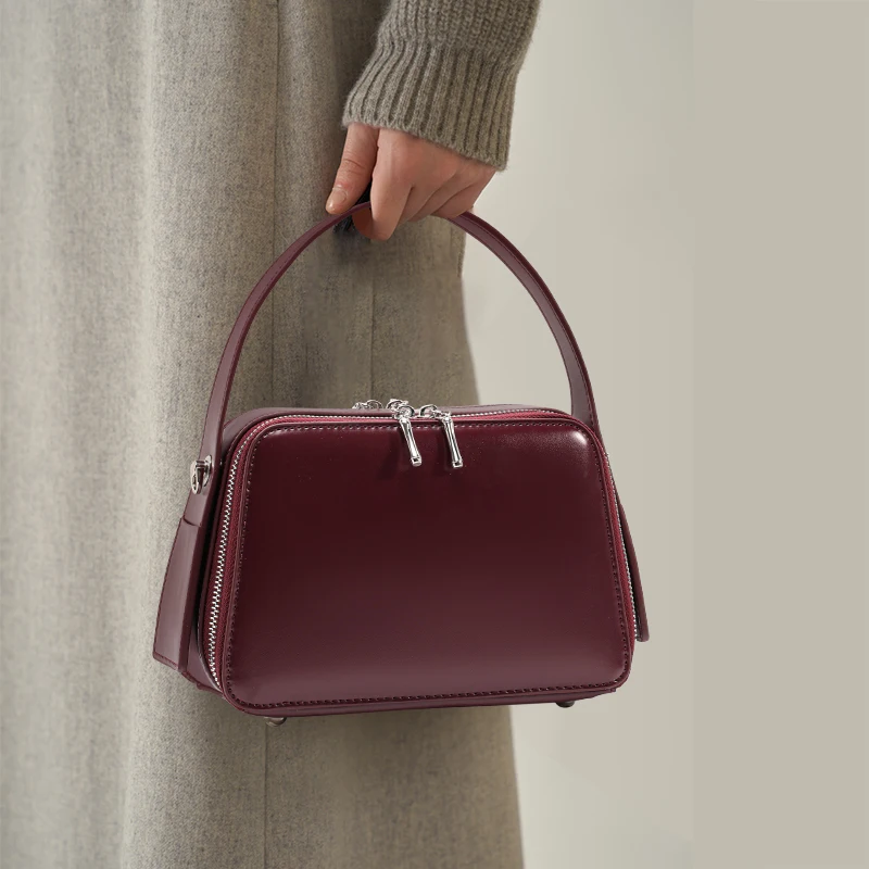 Aidrani Brown Split Leather Mini Tote  Womens Smooth Cowhide Bag with Dual Zipper & Interior Pocket, Perfect for Daily Use