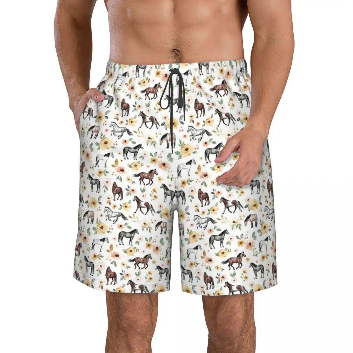 Horses With Yellow And Pink Flowers, Horse Decor, Watercolor Floral Trunks Beach Board Shorts Quick Dry Swim Summer Men Pants