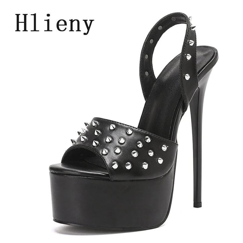 Hlieny Size 35-42 New Design Metal Rivet Peep Toe High Heels Platform Sandals Summer Fashion Women Back Strap Party Dress Shoes
