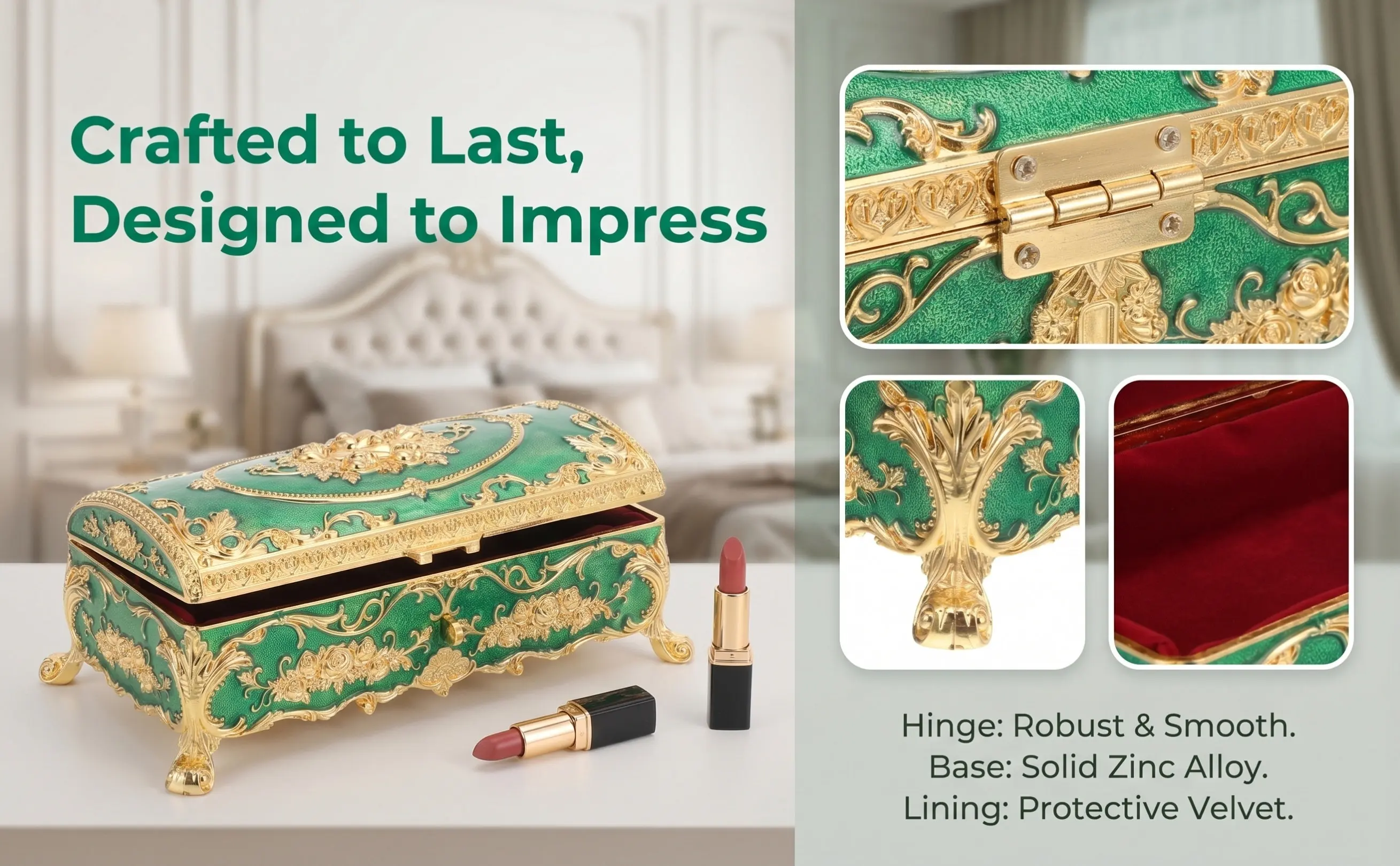 European Style Vintage Jewelry Box Footed Alloy Jewelry Organizer Small Trinket Storage Box for Dresser Decor Vintage Decor