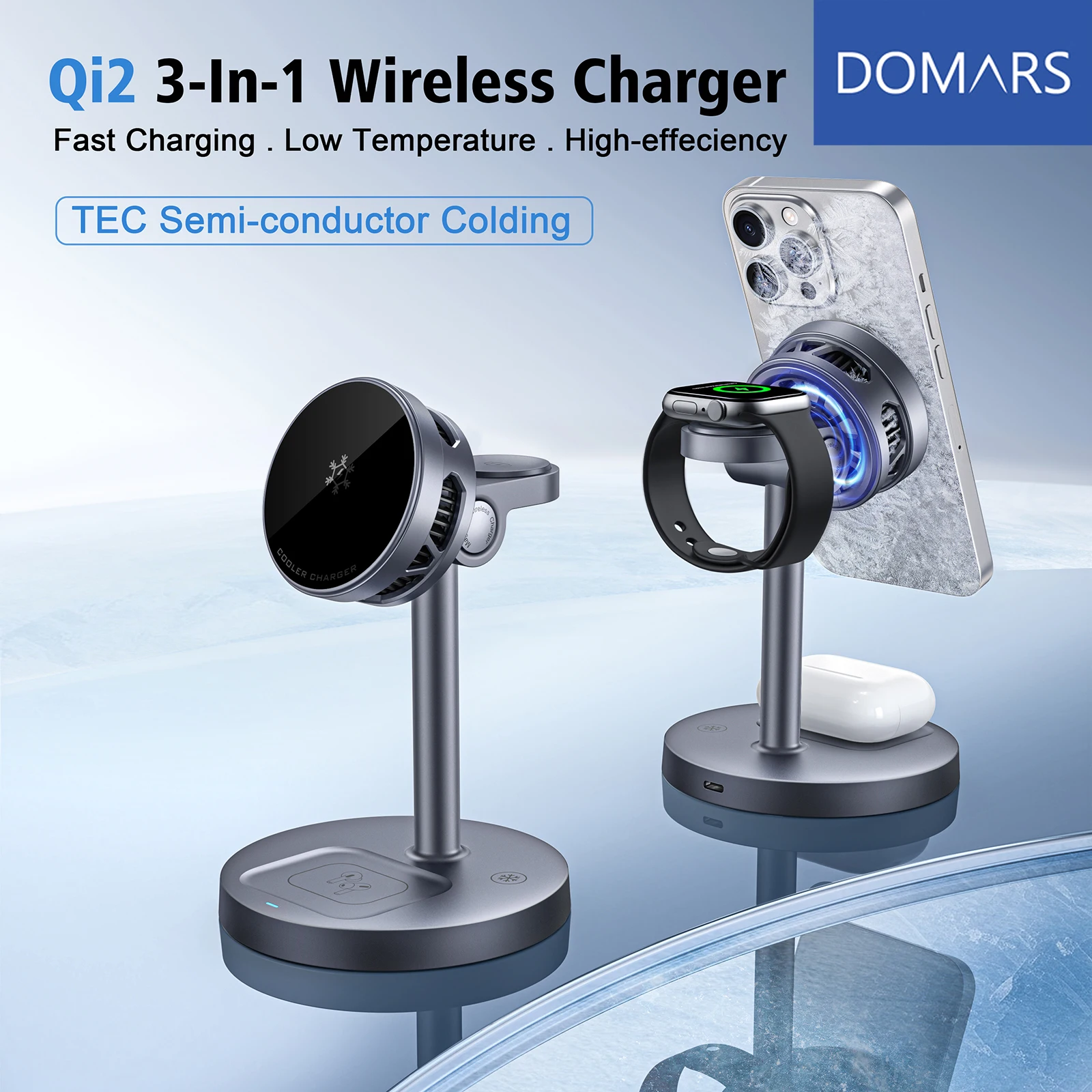 Domars 15W Qi2 Magnetic 3 in 1 Wireless Charger Phone Stand For Magsafe iPhone 17 16 15 Pro Max Apple Watch 10~2 AirPods 4 Pro